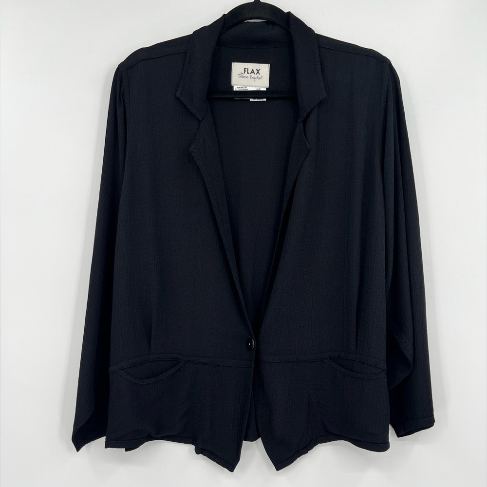 FLAX Blazer Jacket Cardigan Crinkle Button Drawstring Lagenlook Black Sz Small
